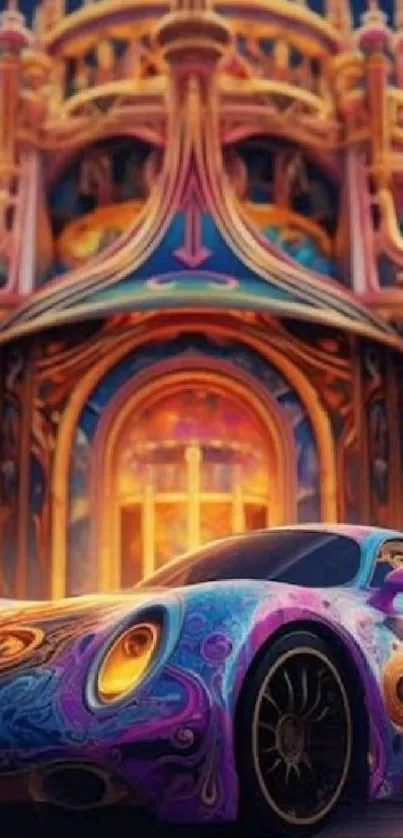 Vibrant car in front of a whimsical castle.