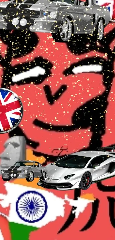 Colorful devil and car wallpaper with flags.