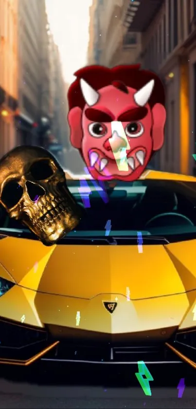 Yellow car with mask and skull design on urban street.