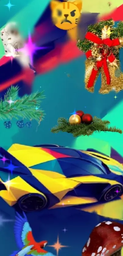 Colorful wallpaper featuring car, nature, and festive elements.