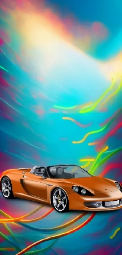 Orange sports car amid vibrant neon waves on a dynamic turquoise background.