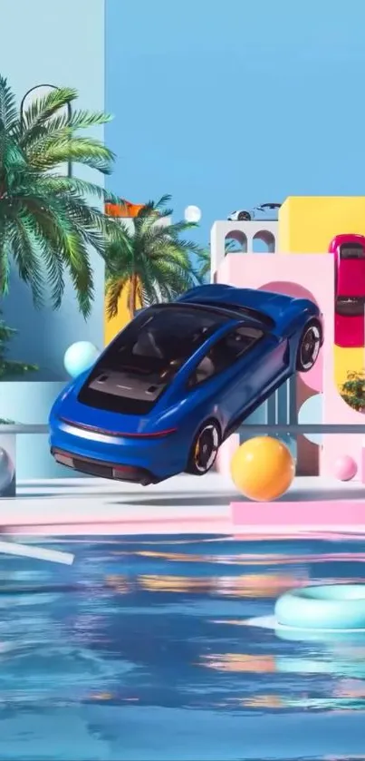 Vibrant blue sports car in tropical setting.