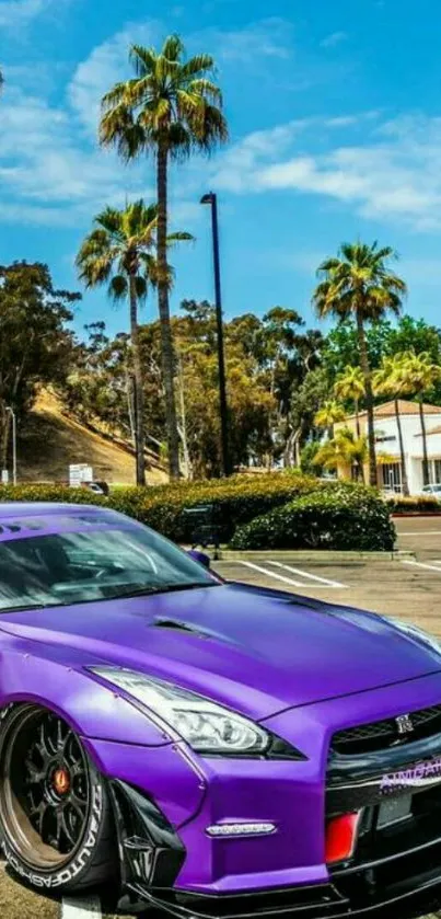 Purple sports car with palm trees and blue sky.