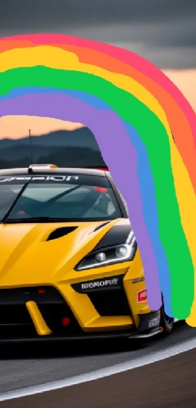 Yellow race car with a colorful rainbow backdrop on a track.