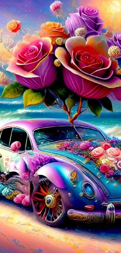 Surreal car with roses on beach at sunset.