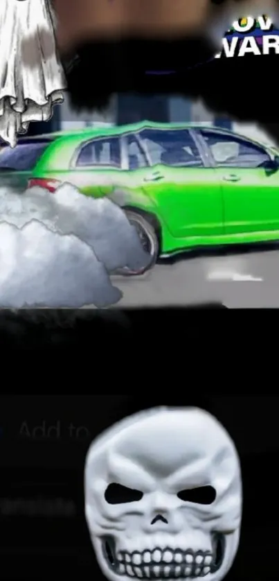 Green car with smoke and skull wallpaper art