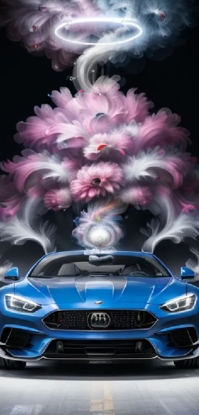 Blue car with colorful smoke art design on a dark background.