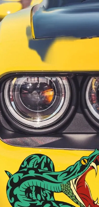 Yellow sports car with a vivid snake illustration on the front.