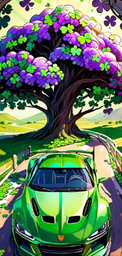 Green car under vibrant purple tree on scenic road wallpaper.