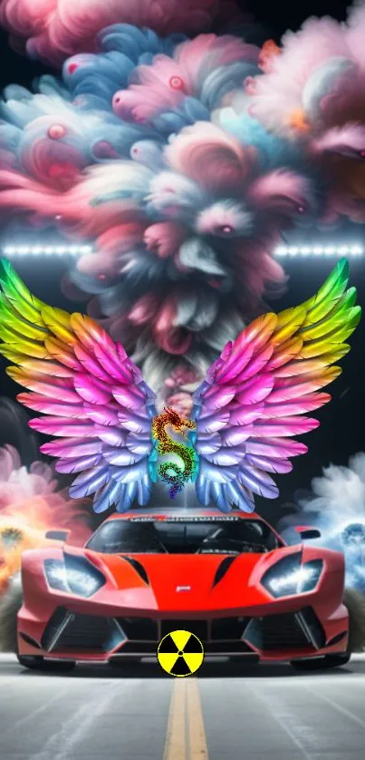 Red sports car with vibrant wings and colorful smoke background.