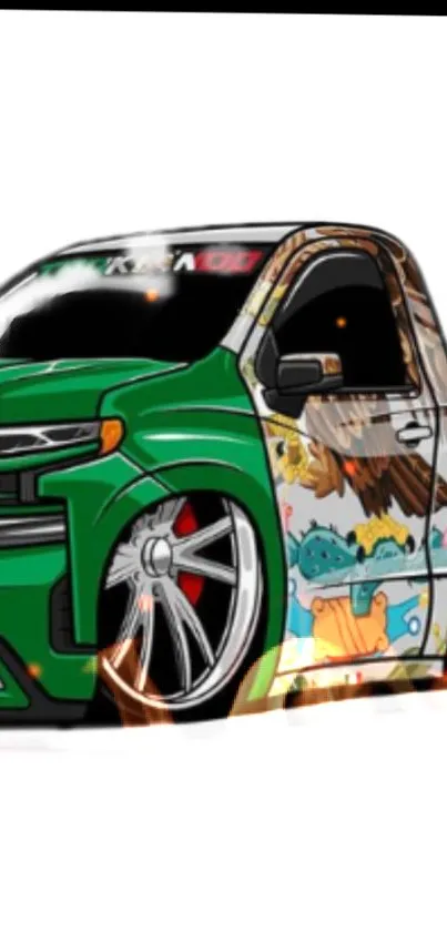 Vibrant green and red artistic car wallpaper with dynamic design.