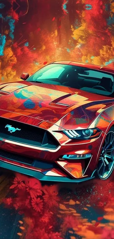 Vibrant red sports car art wallpaper with orange and blue hues.