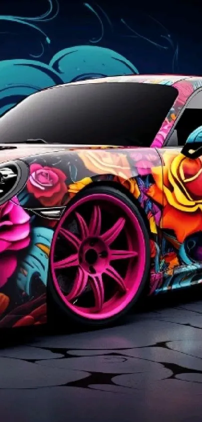 Vibrant graffiti car with colorful roses on dark blue background.