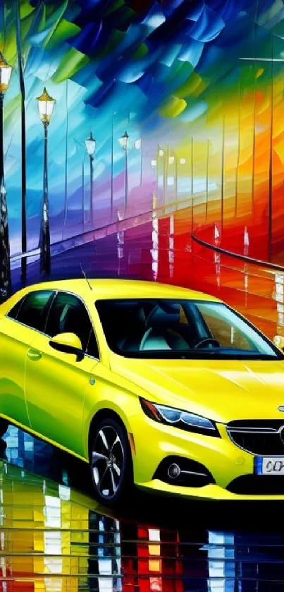 Vibrant yellow car in colorful, abstract night scene.