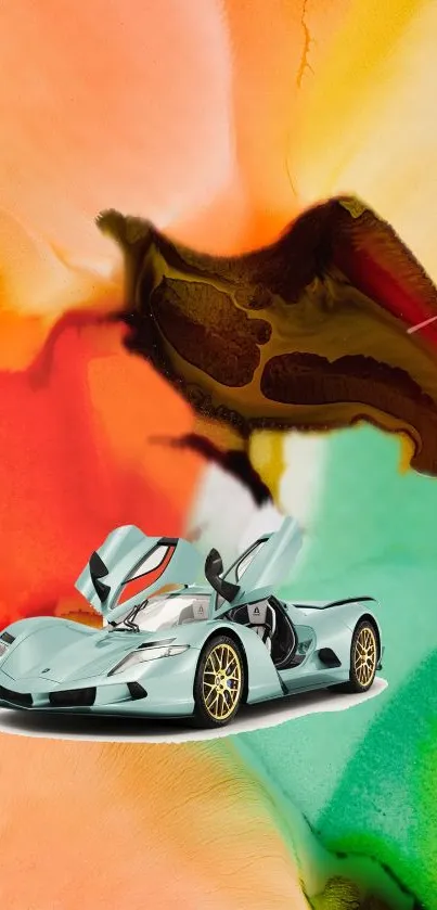 Vibrant sports car with colorful abstract background.