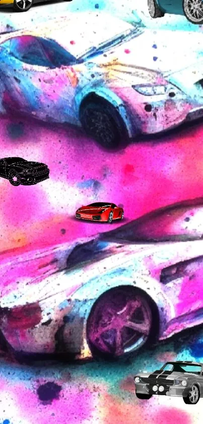 Vivid mobile wallpaper with colorful car art on a pink background.