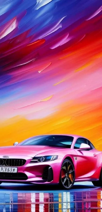 Vibrant sports car with colorful abstract background.