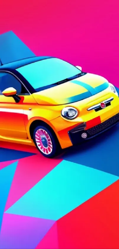 Vibrant pop art car against geometric background wallpaper.