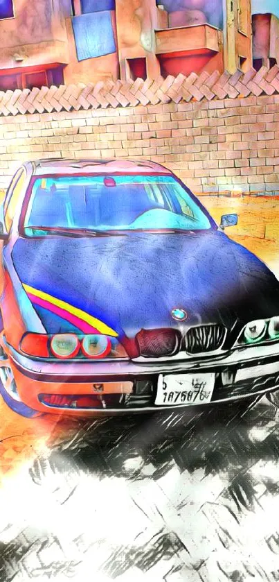 Vibrant car art wallpaper with colorful design and urban background.