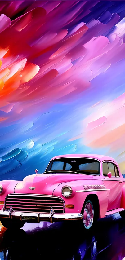 Vibrant wallpaper featuring a pink retro car with a colorful abstract background.