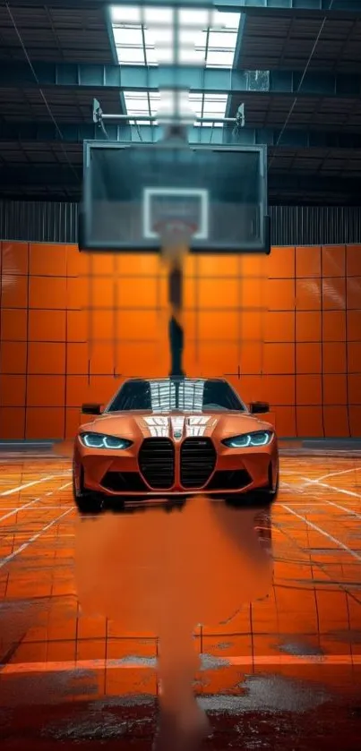 Orange sports car under basketball hoop on a vibrant court.