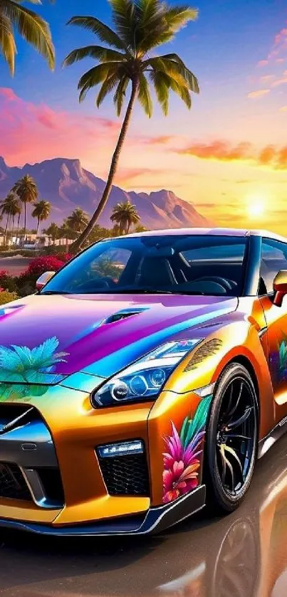 Colorful car on a beach at sunset with palm trees and mountains.