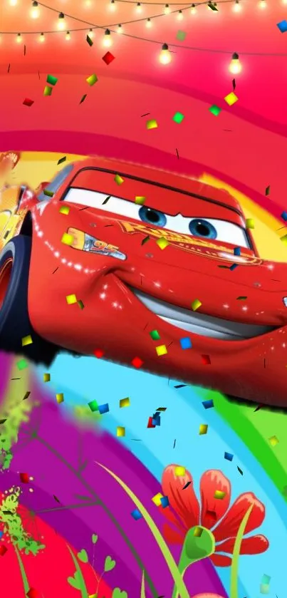 Colorful cartoon race car with rainbow backdrop.