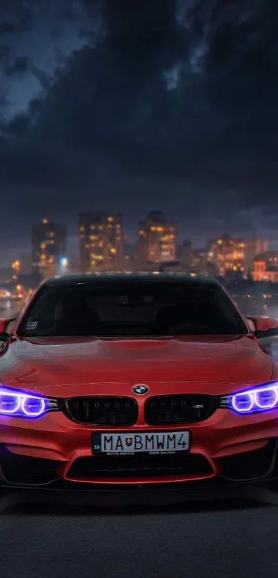 Red sports car with glowing lights in a vibrant city nightscape.