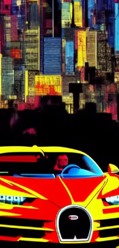 Vibrant car in a colorful cityscape art wallpaper.