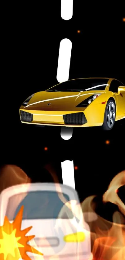 Yellow sports car on a road with a cartoon crash.
