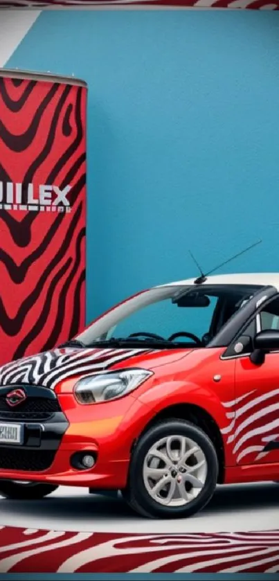 Stylish red car with bold patterns against a vibrant blue backdrop.