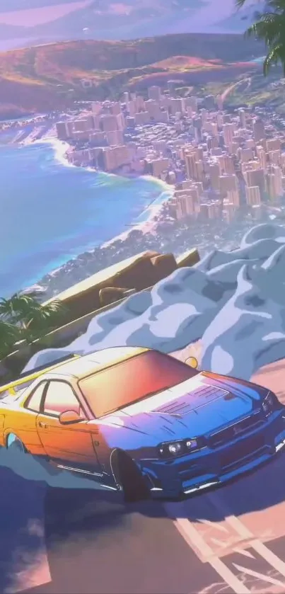 Car drifting on a vibrant coastal city road with a colorful sunset.