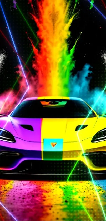 Artistic car with vibrant color explosion in mobile wallpaper.