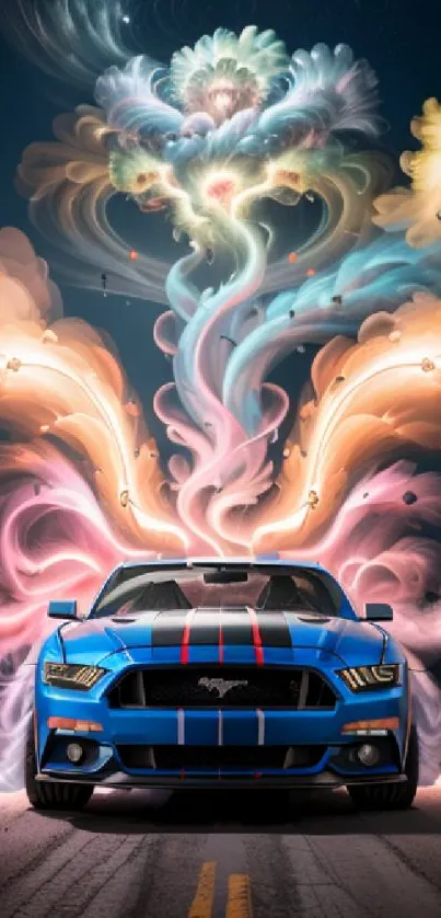 Blue sports car with colorful fantasy swirls and cosmic background.