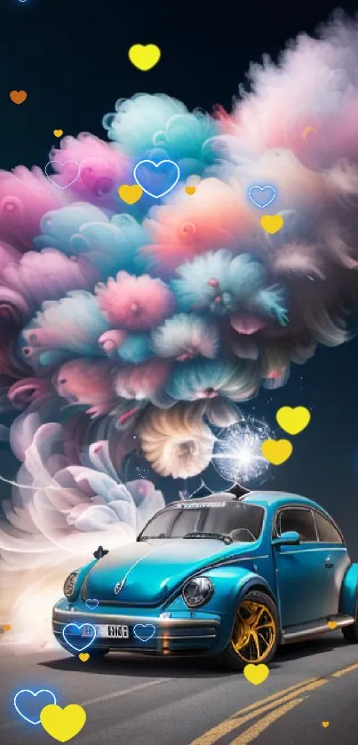 Blue car with colorful clouds in a fantasy setting.