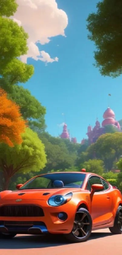 Orange car in a vibrant fantasy landscape with lush trees and a whimsical castle.