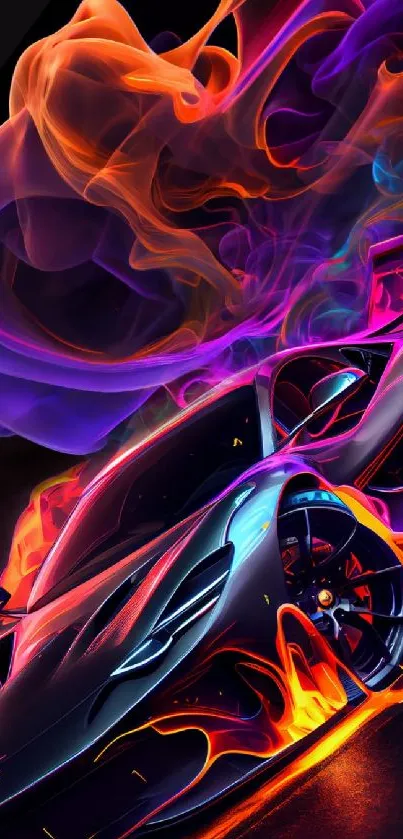 Sleek sports car with neon flames and colorful smoke.