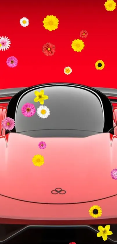 Red sports car with floating colorful flowers on a vibrant background.