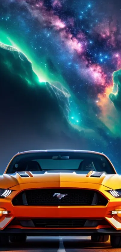 Sleek car beneath vibrant galaxy sky wallpaper.