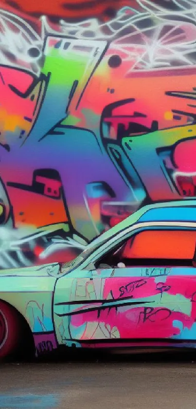 Graffiti-covered car with vibrant street art background.