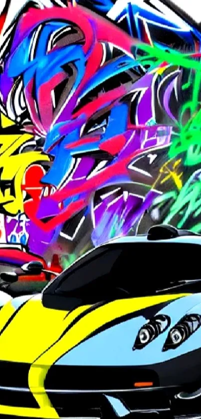 Vibrant sports car with graffiti background wallpaper.