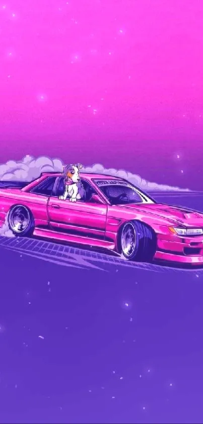 Vibrant pink car drifting on a colorful background.