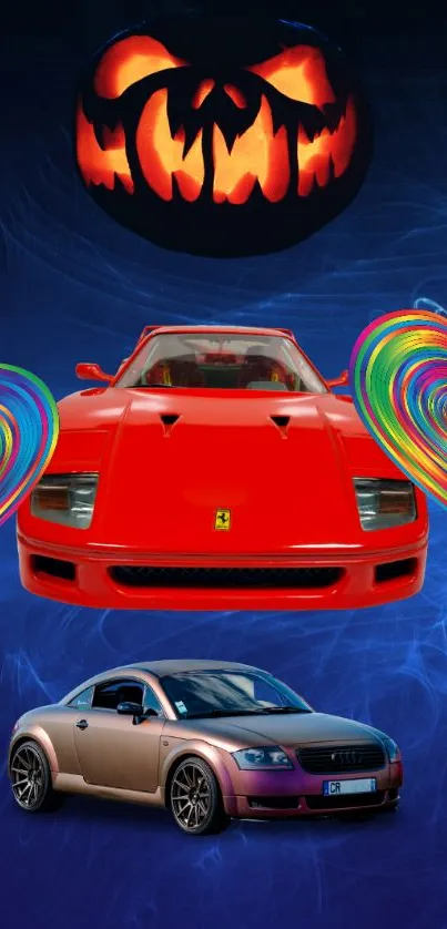 Red sports car with vibrant hearts on a spooky Halloween background.