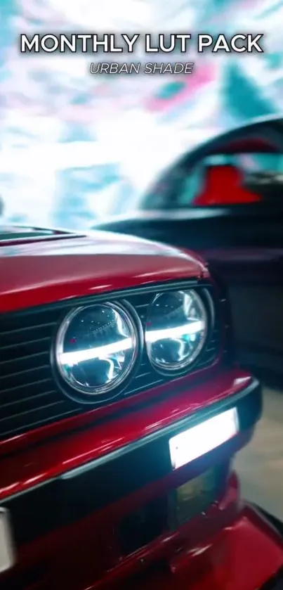 Close-up of vibrant red car headlights with dynamic urban background.