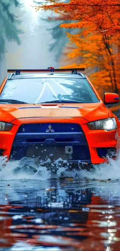 Vibrant orange car driving through an autumn forest with water reflections.