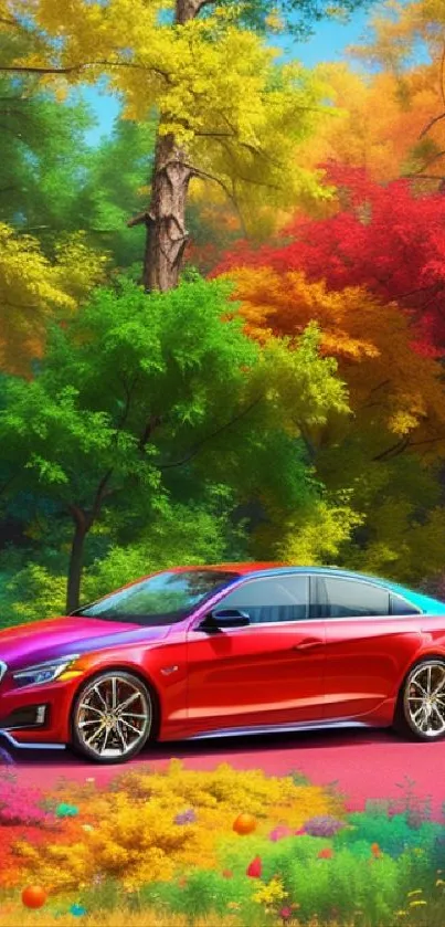 Red car in a vibrant autumn forest with colorful trees.