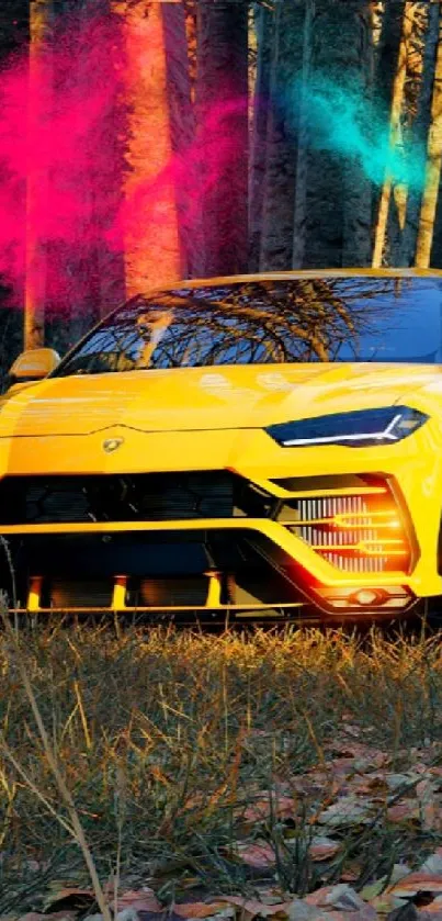 Yellow sports car emits neon smoke in an autumn forest setting.