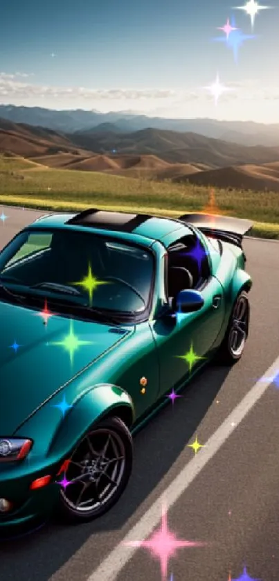 A vibrant green car on a scenic road at sunset.