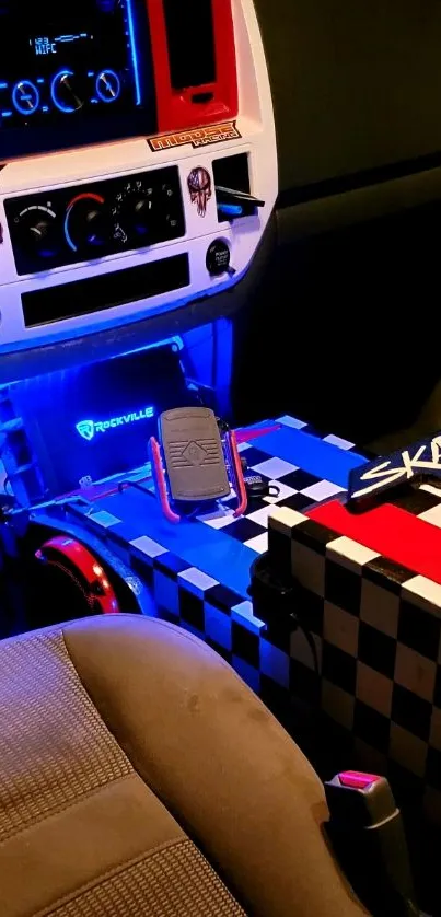 Vibrant car interior with colorful lighting.