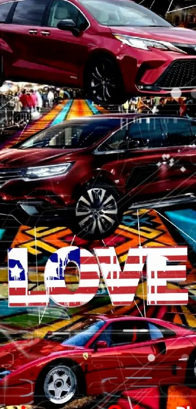 Wallpaper with three cars and love text in vibrant design.